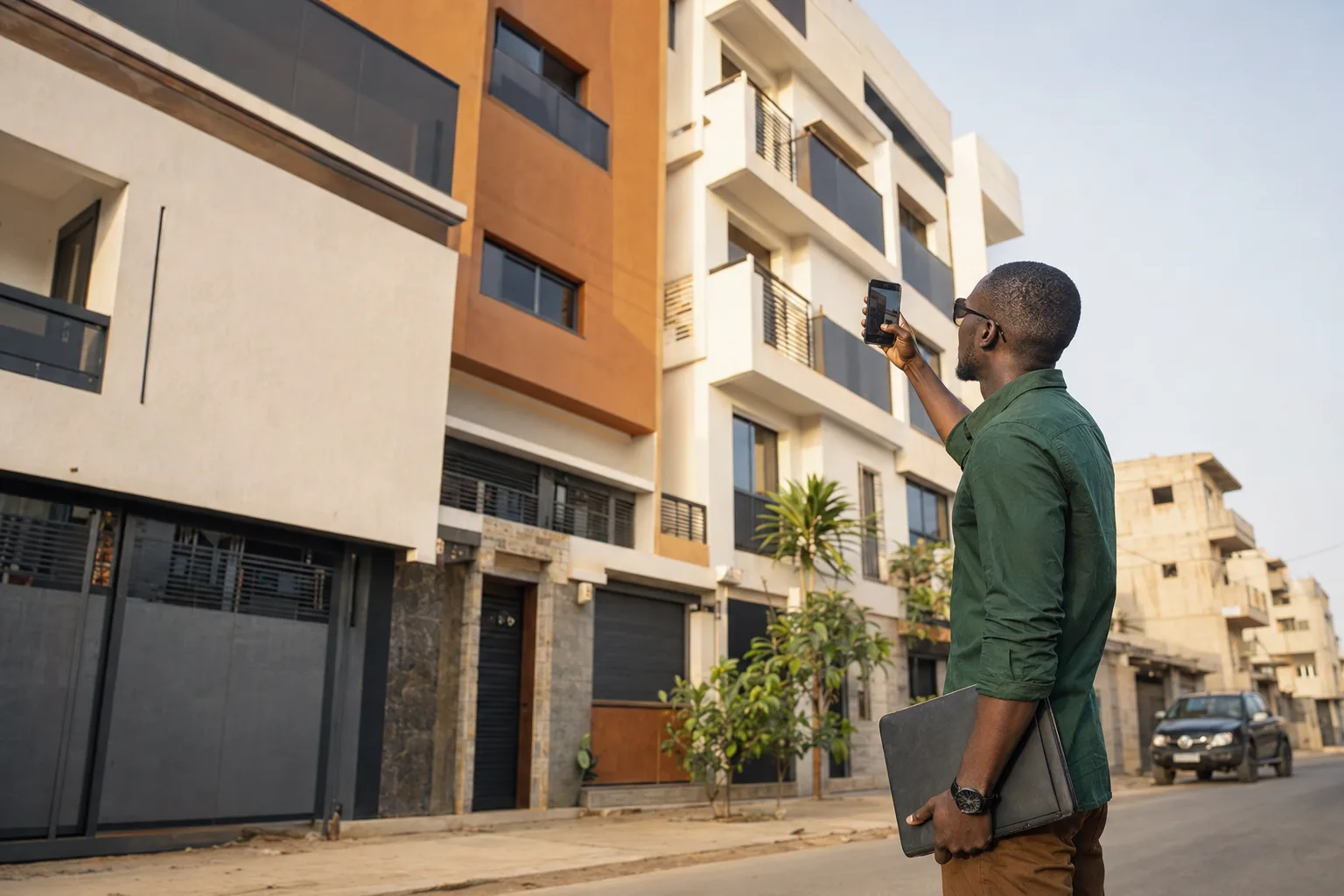 Repérage d'un immeuble neuf dans une rue de Dakar